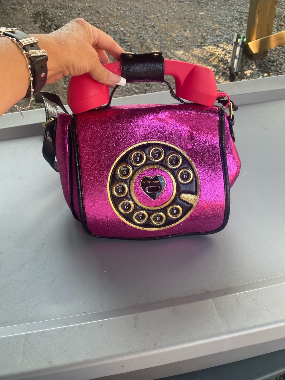 Betsey Johnson Metallic Hot Pink Telephone Crossbody Bag